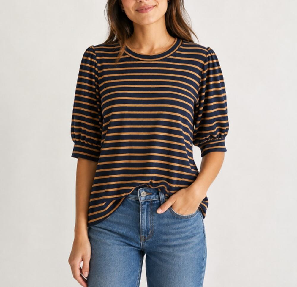 New Lucky Brand Women's Blue Orange Striped Puff Sleeve T-Shirt Size Small